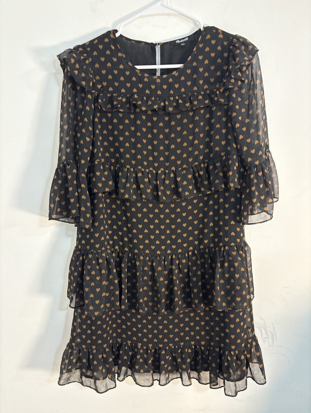 Madewell Heart Print Tiered Ruffled Mini Dress Black Brown Size 00